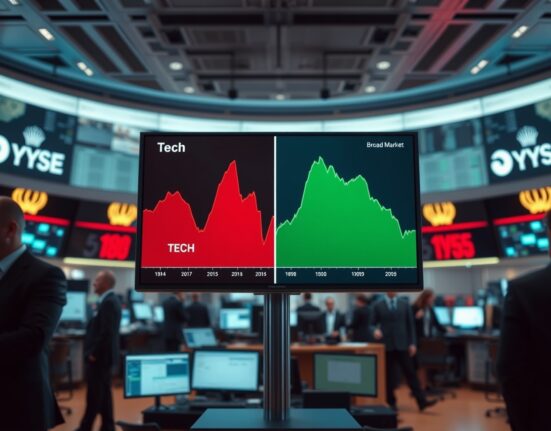 Stock exchange screen showing contrasting tech and broad market trends.