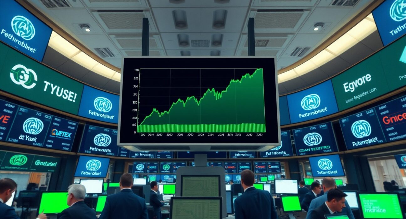 Stock exchange screen showing rising tech stocks and green charts during a market rebound.