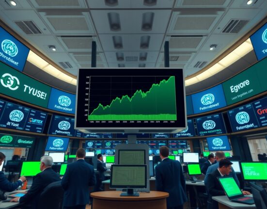 Stock exchange screen showing rising tech stocks and green charts during a market rebound.