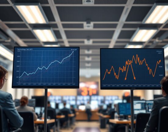 Analysis of technology stock growth versus volatile oil prices on a financial trading desk.