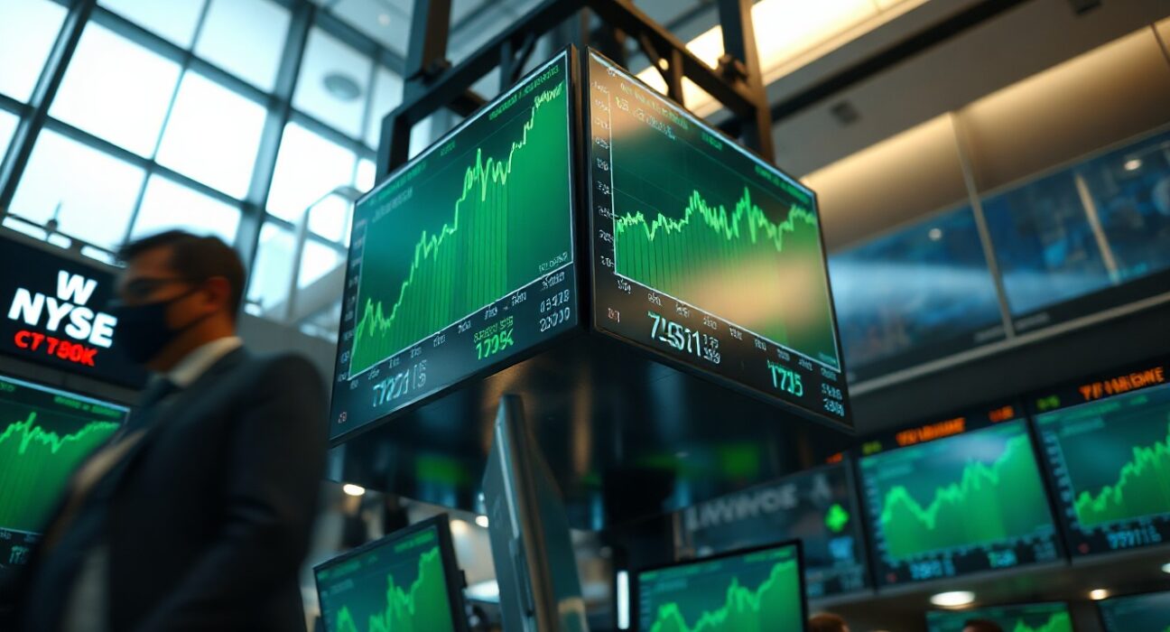 Stock exchange trading floor with screens showing tech stock rebound and market data