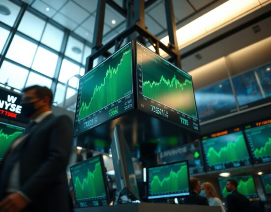 Stock exchange trading floor with screens showing tech stock rebound and market data