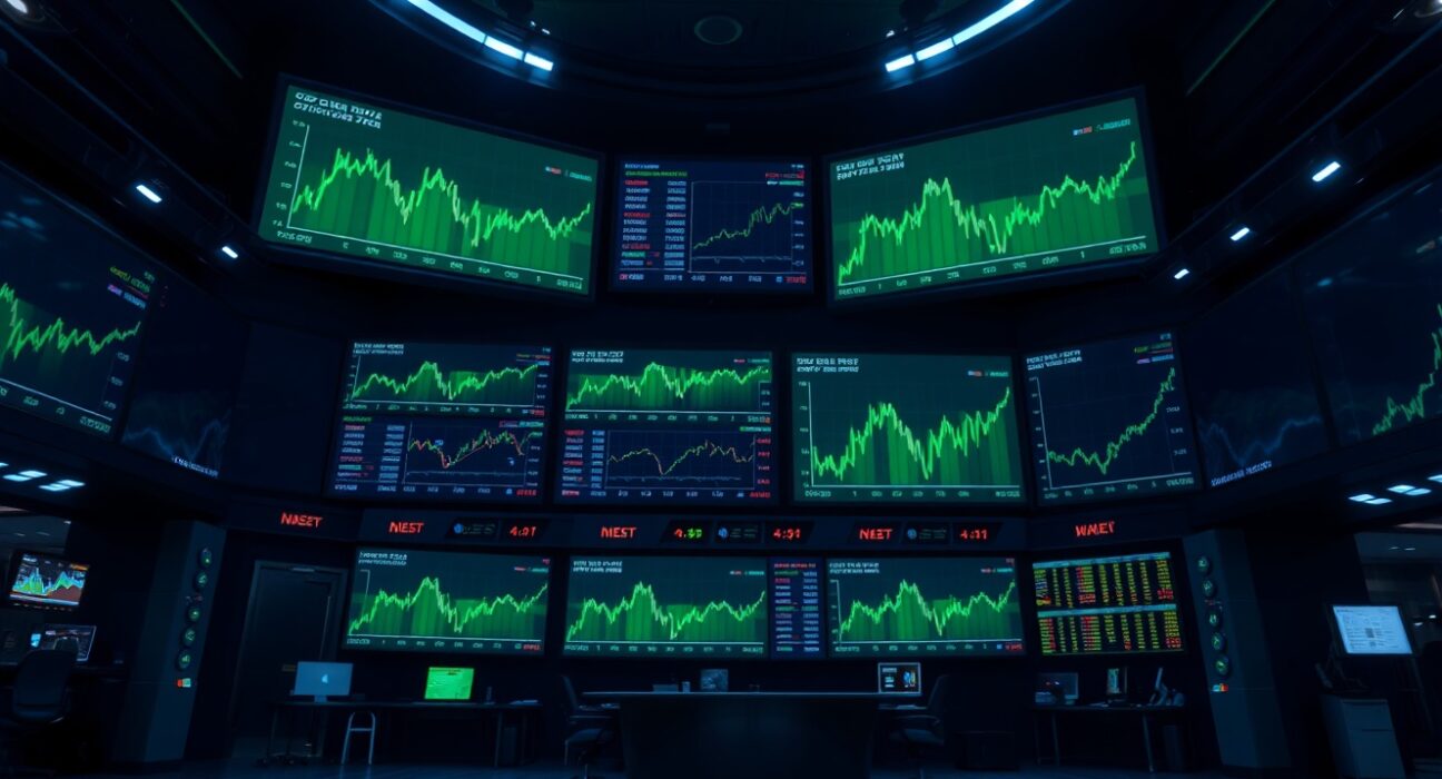 Digital stock market screens showing green charts and upward trends in a professional trading environment.