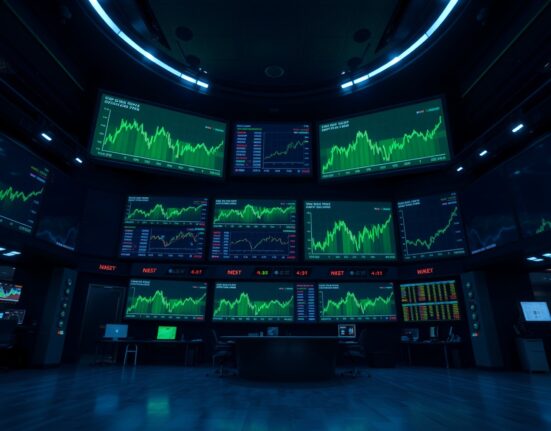 Digital stock market screens showing green charts and upward trends in a professional trading environment.