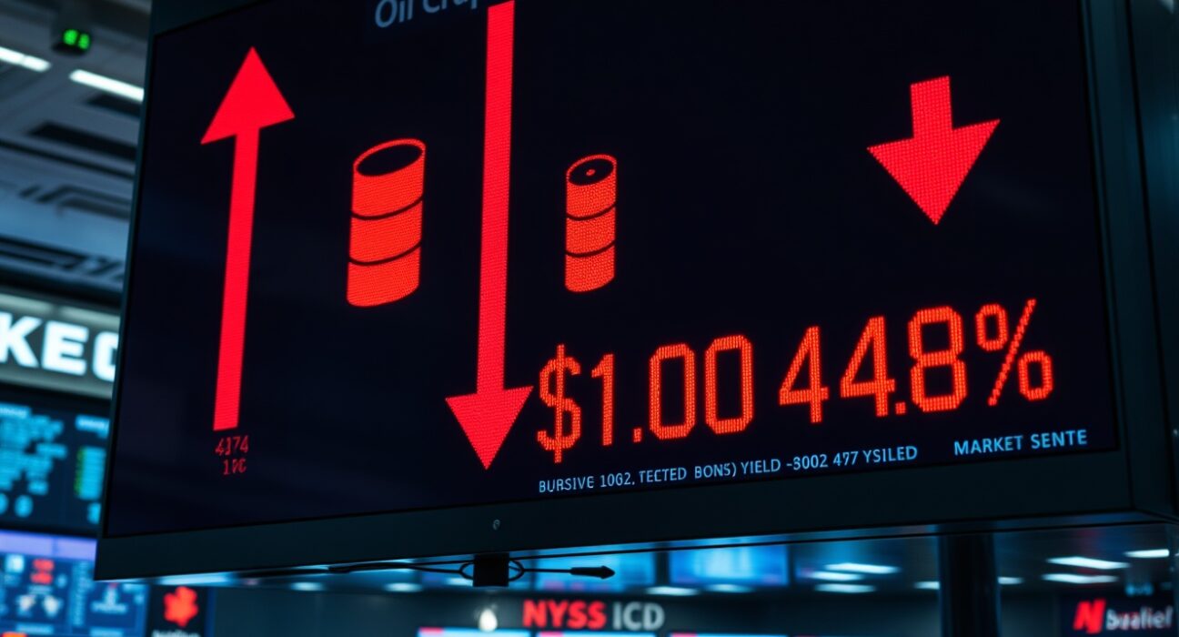 Stock market board showing red arrows, oil price above $100, and bond yield near 4.7% on a trading floor.