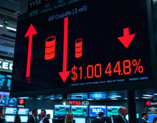 Stock market board showing red arrows, oil price above $100, and bond yield near 4.7% on a trading floor.