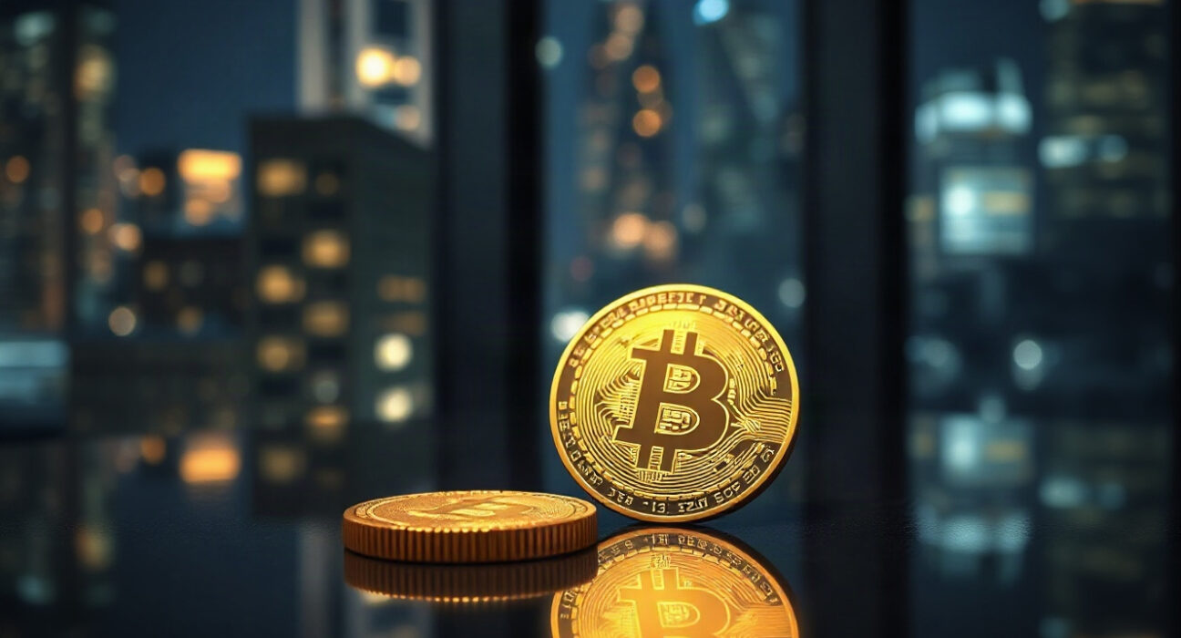 A Bitcoin coin and gold bullion bar on a reflective surface with a blurred city skyline in the background.
