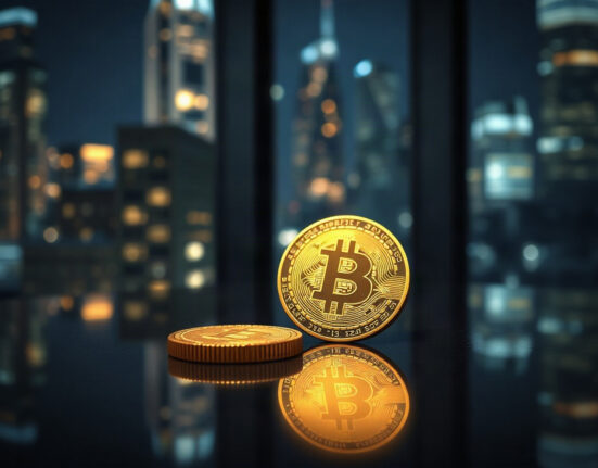 A Bitcoin coin and gold bullion bar on a reflective surface with a blurred city skyline in the background.