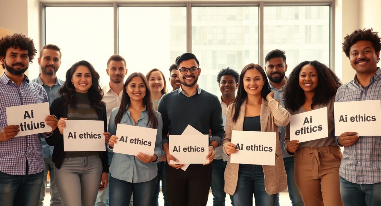 Diverse tech workers standing together with signs in a modern office, representing a grassroots political movement for AI regulation.