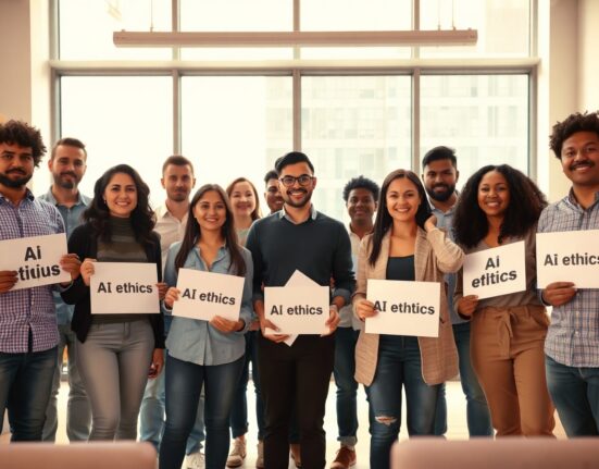 Diverse tech workers standing together with signs in a modern office, representing a grassroots political movement for AI regulation.