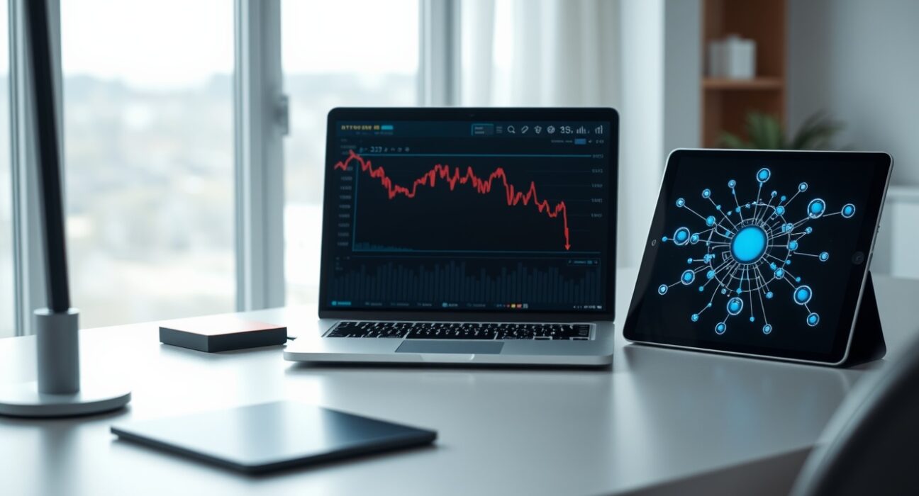 Desk with laptop showing Bitcoin chart and tablet with AI neural network visualization