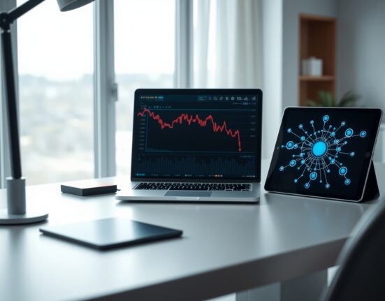 Desk with laptop showing Bitcoin chart and tablet with AI neural network visualization