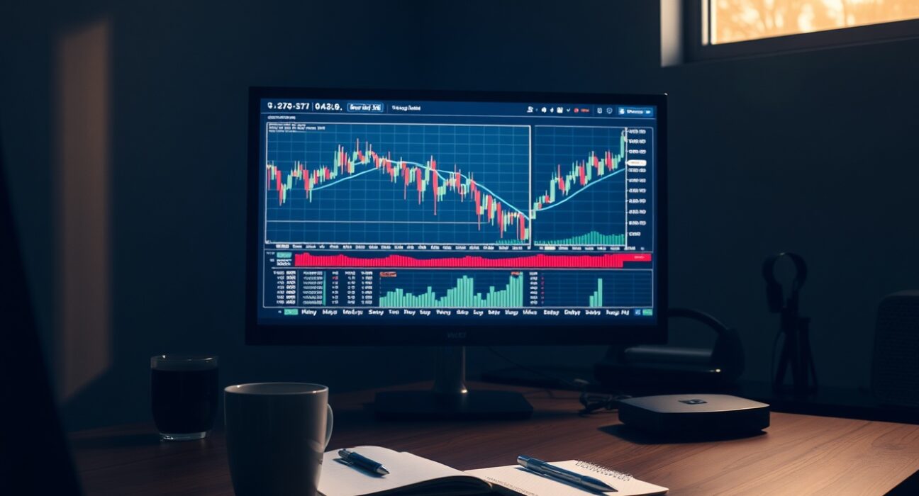 Trader analyzing candlestick charts and trend lines on a monitor at a modern desk