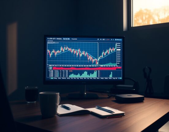 Trader analyzing candlestick charts and trend lines on a monitor at a modern desk