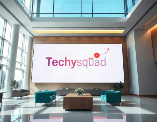Techysquad's new brand identity displayed on a digital screen in a modern office lobby, symbolizing its focus on the global forex technology ecosystem.