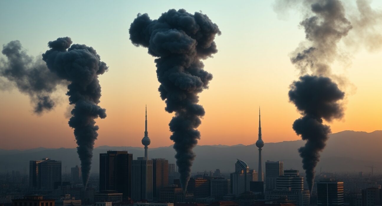 Tehran airstrikes aftermath showing multiple smoke plumes rising over the Iranian capital city skyline