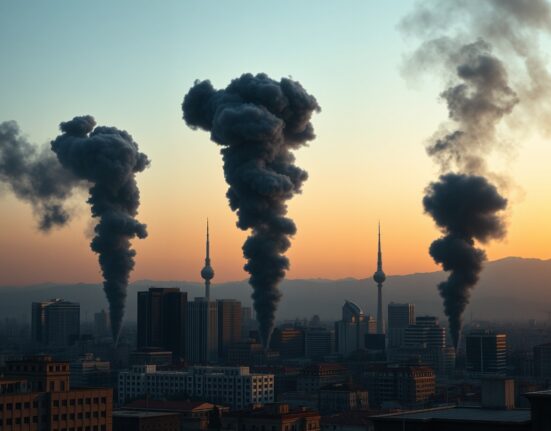 Tehran airstrikes aftermath showing multiple smoke plumes rising over the Iranian capital city skyline