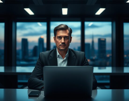 Telegram CEO Pavel Durov in a serious portrait, looking at the camera in a dimly lit office