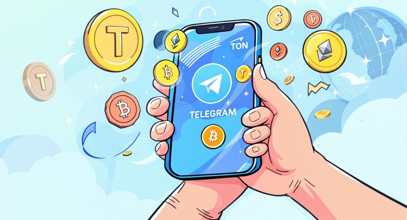 A cartoon illustration showing a smartphone with the Telegram Crypto Wallet interface, symbolizing effortless digital transactions.