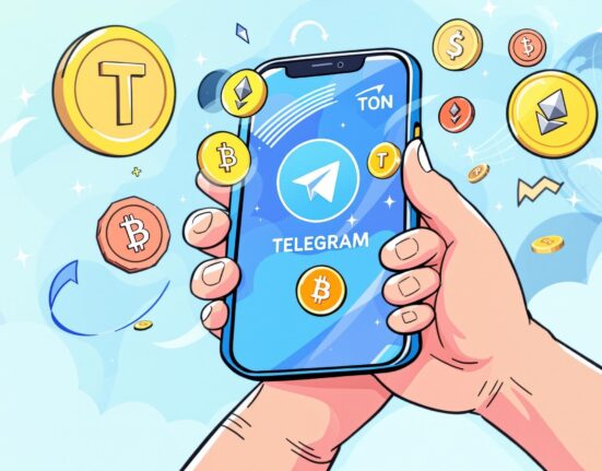 A cartoon illustration showing a smartphone with the Telegram Crypto Wallet interface, symbolizing effortless digital transactions.