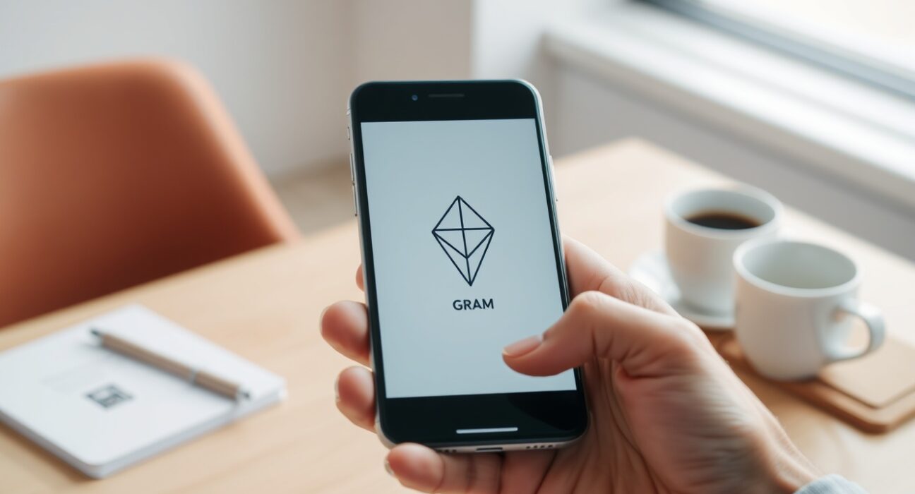 Smartphone displaying a GRAM cryptocurrency logo replacing a TON symbol on a modern desk.