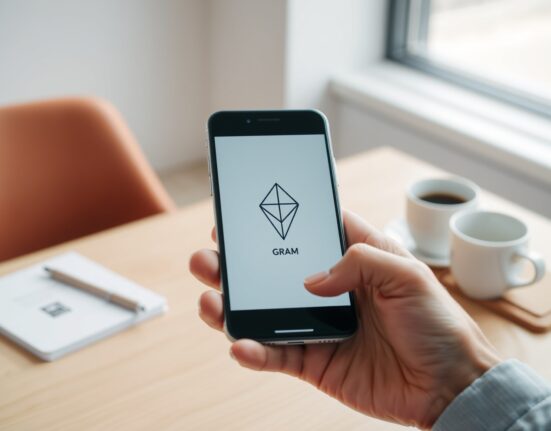 Smartphone displaying a GRAM cryptocurrency logo replacing a TON symbol on a modern desk.