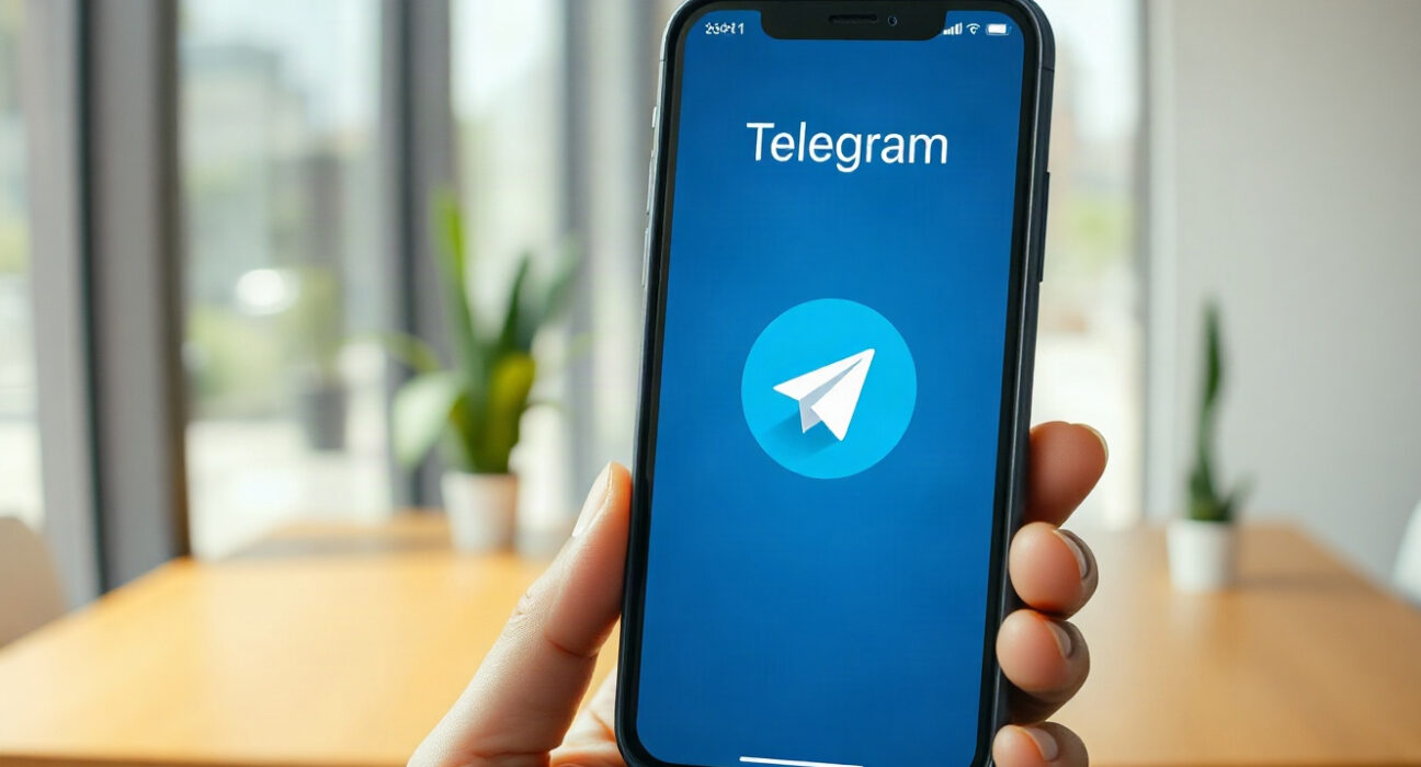 Person holding smartphone with Telegram app and .gram domain overlay