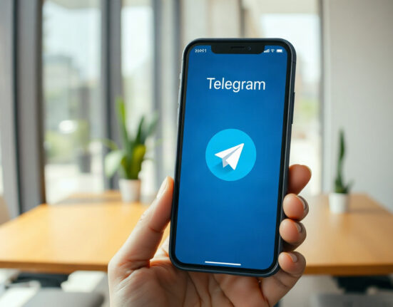 Person holding smartphone with Telegram app and .gram domain overlay