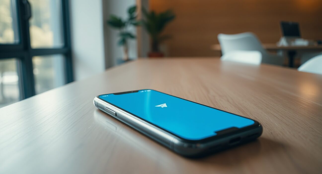 Smartphone displaying Telegram app with a glowing digital wallet icon on a modern desk.