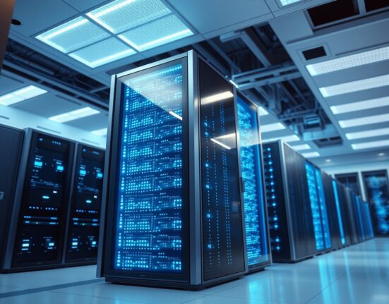 Telegram TON blockchain upgrade enabling high-speed data processing in a modern server center.