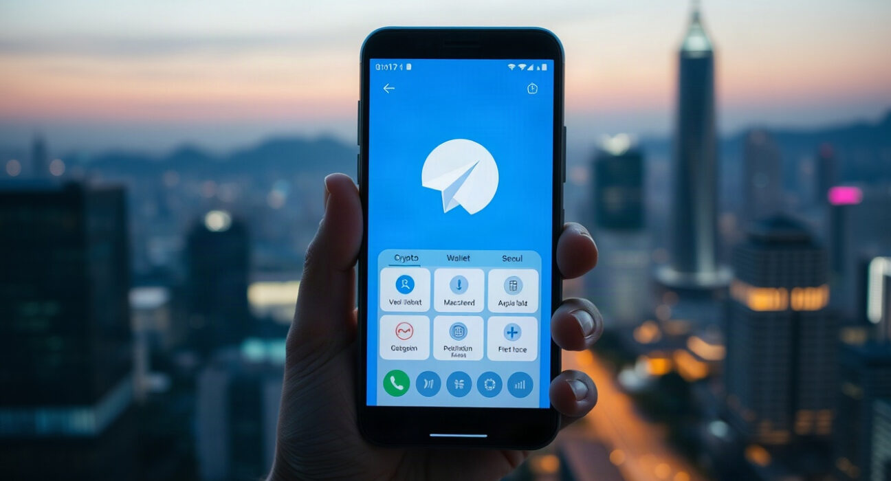 Smartphone displaying a cryptocurrency wallet app with Seoul financial district in the background
