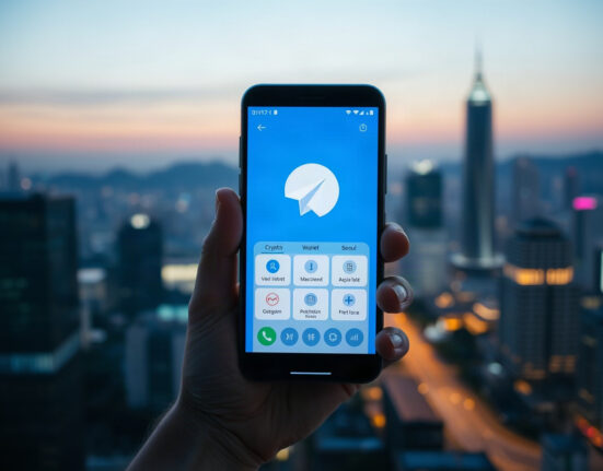 Smartphone displaying a cryptocurrency wallet app with Seoul financial district in the background