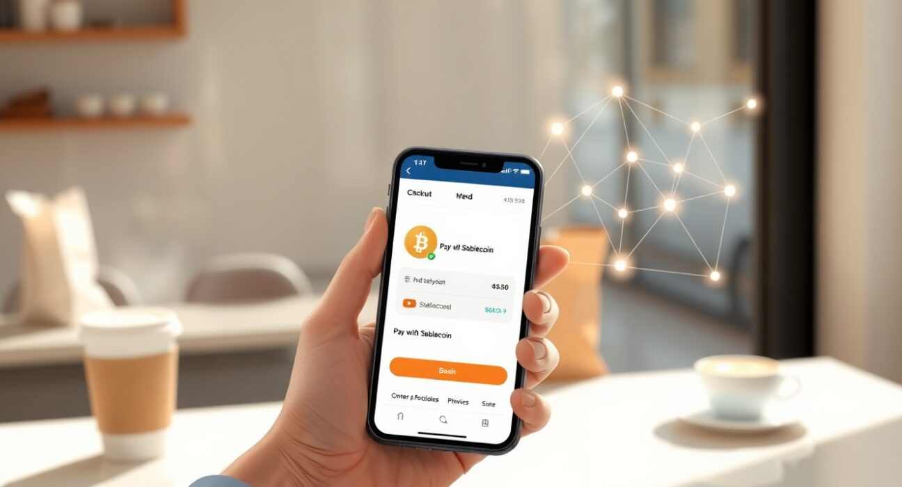 Smartphone showing food delivery app with stablecoin payment option, representing Tempo and DoorDash partnership for digital currency transactions.