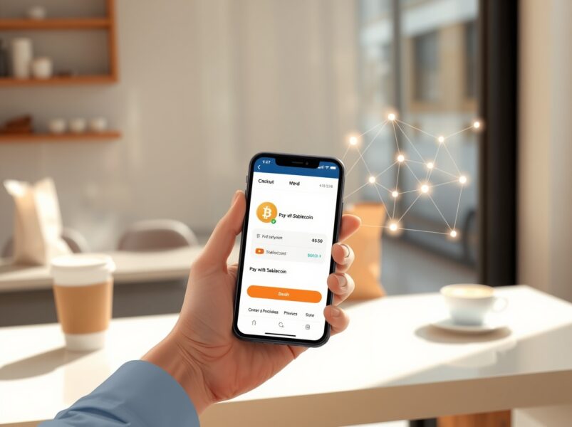 Smartphone showing food delivery app with stablecoin payment option, representing Tempo and DoorDash partnership for digital currency transactions.