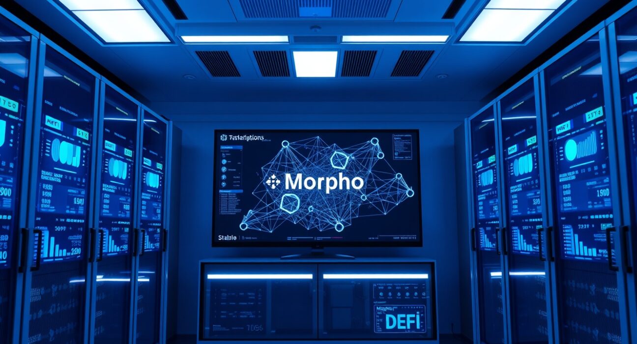 Digital screens in a data center displaying Tempo and Morpho DeFi lending interfaces and blockchain data