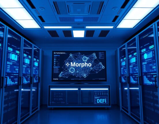 Digital screens in a data center displaying Tempo and Morpho DeFi lending interfaces and blockchain data