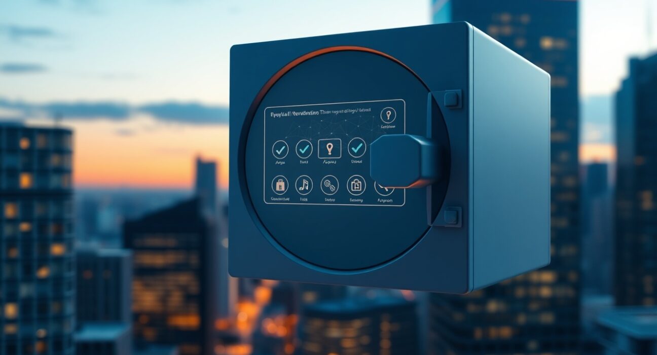 Secure digital vault interface representing Tempo's multi-sig smart accounts for institutional blockchain custody