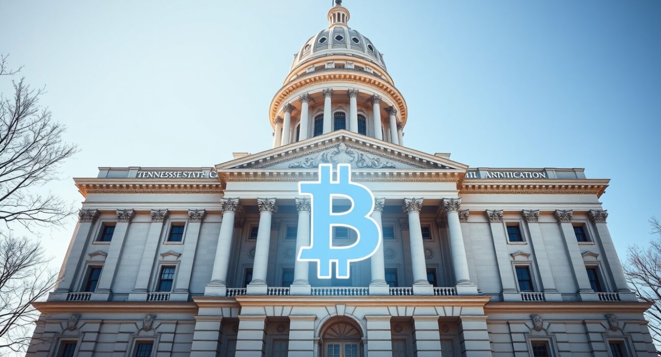 Tennessee State Capitol with Bitcoin symbol representing the proposed state cryptocurrency investment legislation