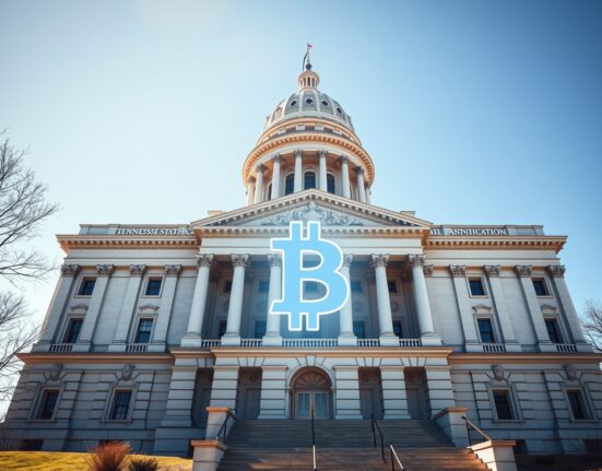 Tennessee State Capitol with Bitcoin symbol representing the proposed state cryptocurrency investment legislation