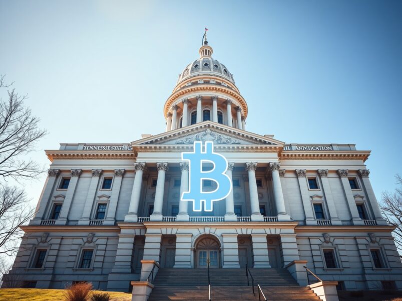 Tennessee State Capitol with Bitcoin symbol representing the proposed state cryptocurrency investment legislation