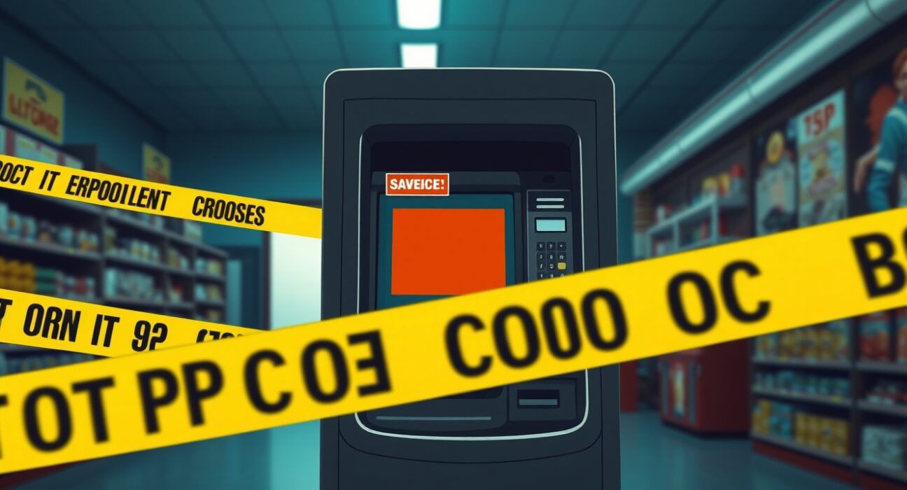 A cryptocurrency kiosk with an out-of-service sign, representing the Tennessee cryptocurrency ban effective July 1.