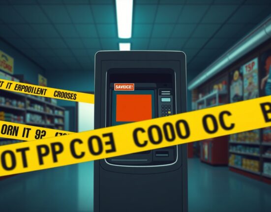 A cryptocurrency kiosk with an out-of-service sign, representing the Tennessee cryptocurrency ban effective July 1.