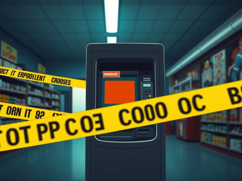 A cryptocurrency kiosk with an out-of-service sign, representing the Tennessee cryptocurrency ban effective July 1.