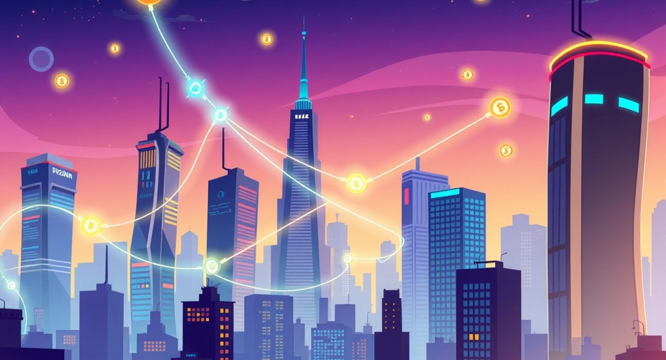 TenX Protocols TSX Venture Exchange listing depicted as vibrant blockchain energy connecting financial towers.