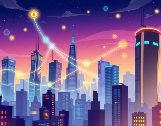 TenX Protocols TSX Venture Exchange listing depicted as vibrant blockchain energy connecting financial towers.