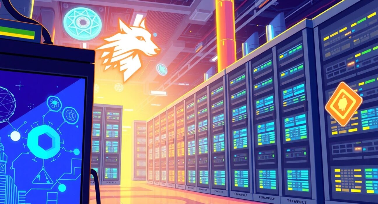 Cartoon illustration showing TeraWulf's AI expansion, featuring a modern data center powered by advanced computing, signifying a new direction for Bitcoin miners.