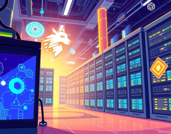 Cartoon illustration showing TeraWulf's AI expansion, featuring a modern data center powered by advanced computing, signifying a new direction for Bitcoin miners.