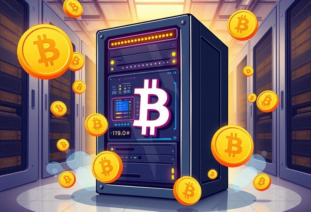 A cartoon illustration depicting TeraWulf Bitcoin mining operations, highlighting the company's Q2 performance and commitment to the crypto mining industry.