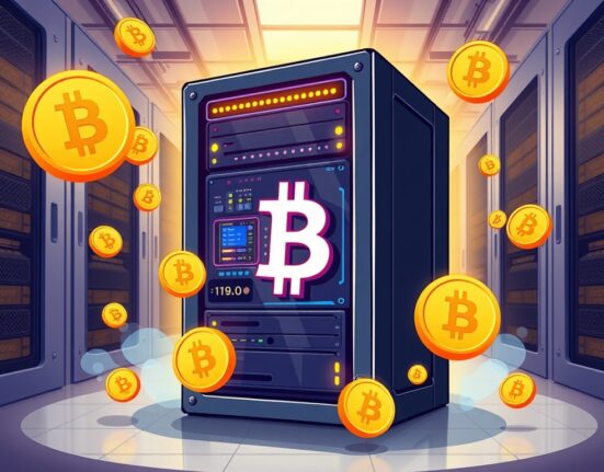 A cartoon illustration depicting TeraWulf Bitcoin mining operations, highlighting the company's Q2 performance and commitment to the crypto mining industry.