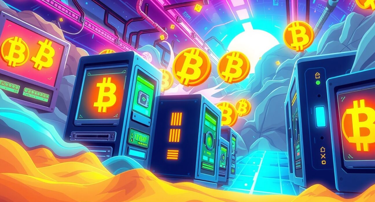 Bitcoin mining operation showing digital currency extraction with glowing servers and energy flows